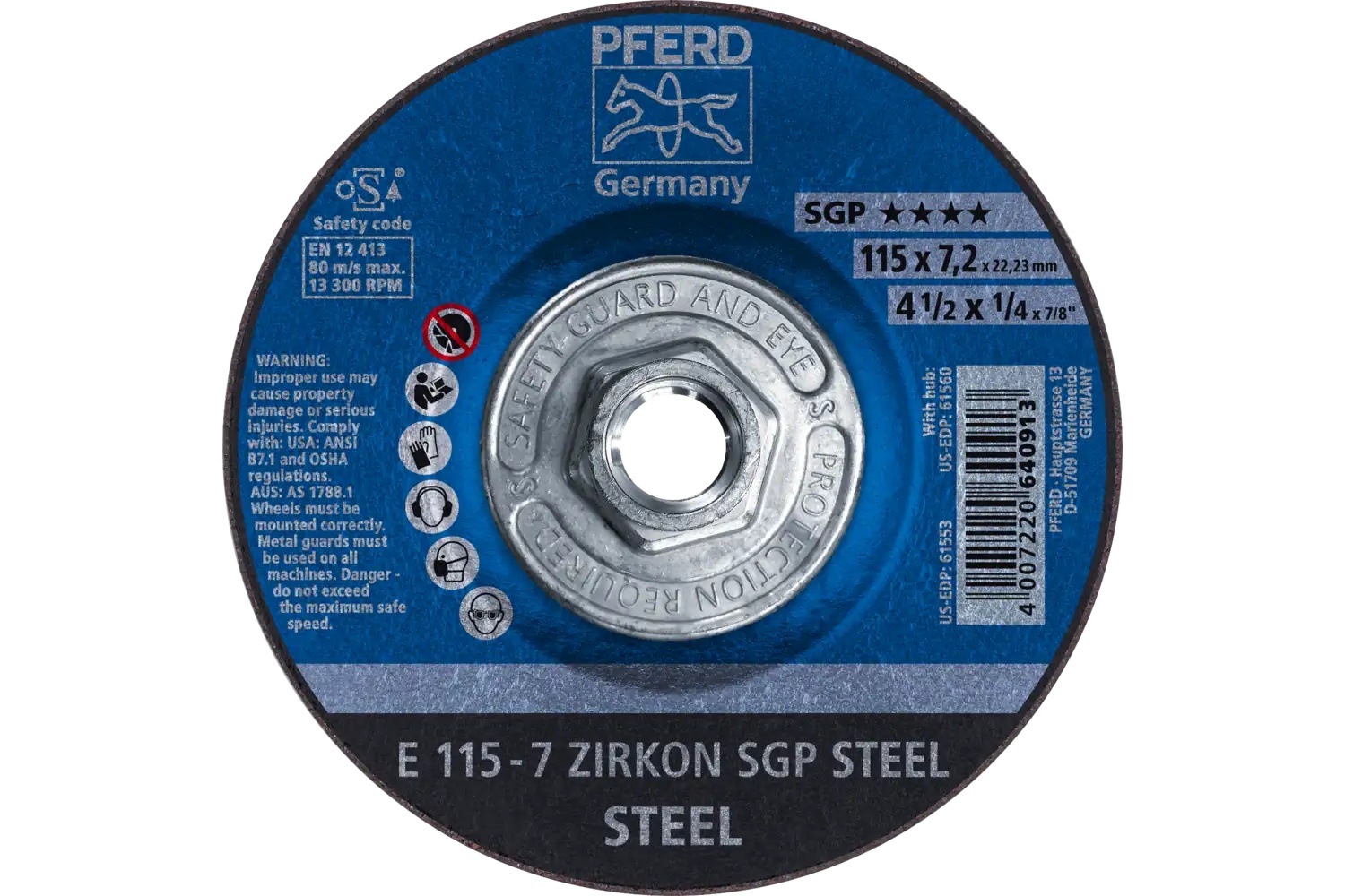 Picture of Pferd Grinding Wheel, 4-1/2" X 1/4 X 5/8-11, Sgp Zirkon Steel, T27, Ao, Sic